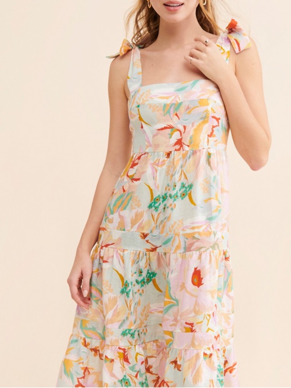 Anthropologie Kachel Tiered Floral Tie-Shoulder linen Sundress Pastel Multicolor